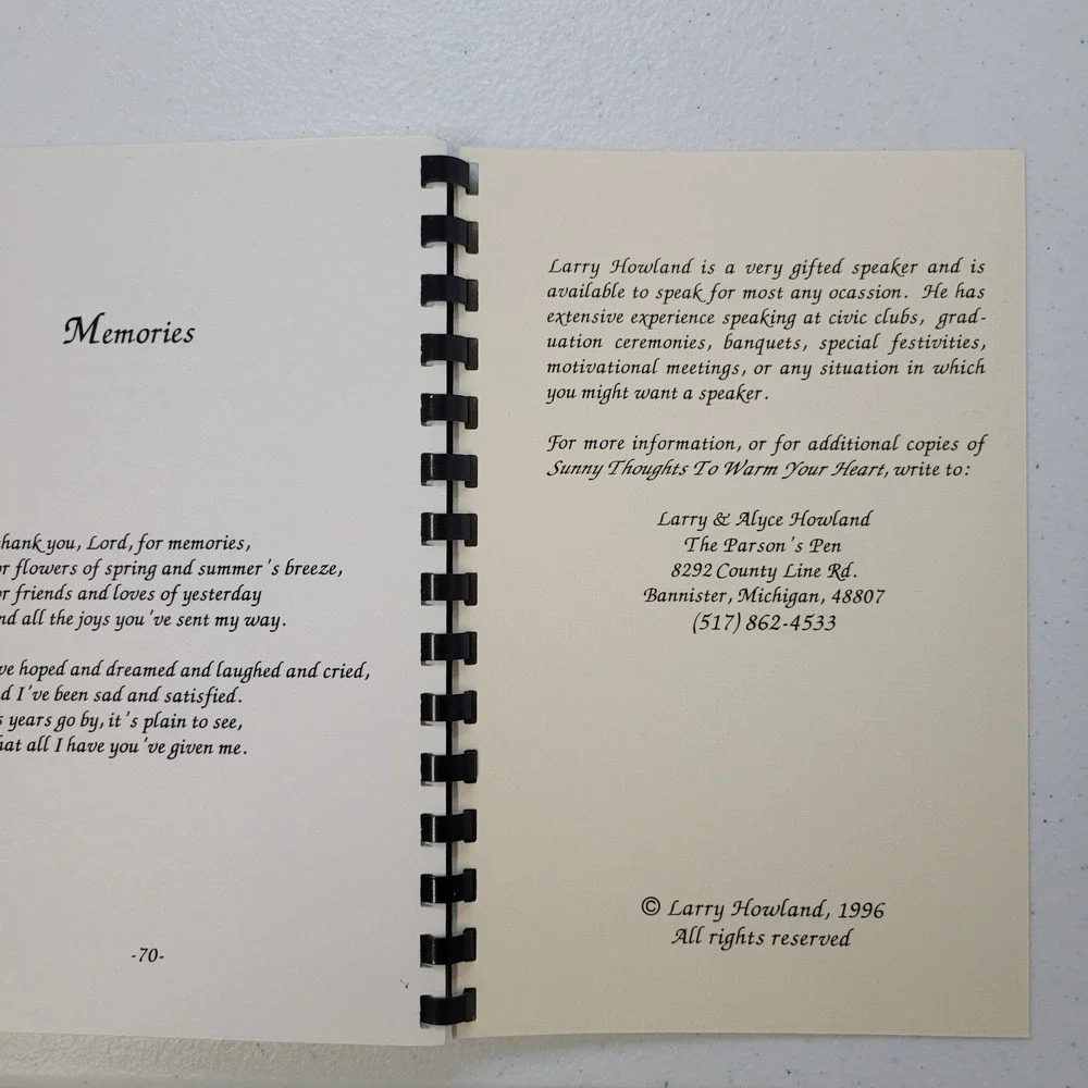Sunny Thoughts To Warm‎ Your Heart Larry Howland Spiral Bound Poetry Book 1996
